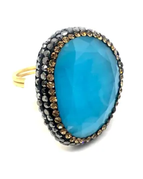 ANILLO MUJER GRANDE AZUL TURQUESA CON CIRCONITAS Y ANTRACITAS