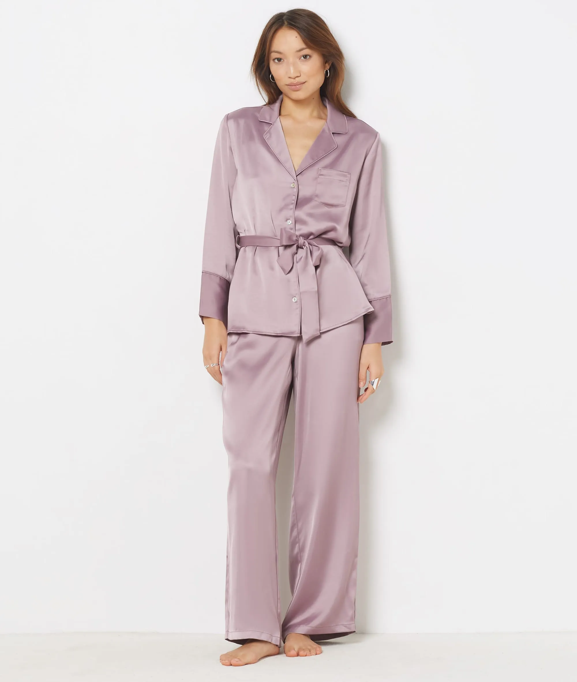 Camisa pijama de satén con lazada ELY MAUVE - ETAM