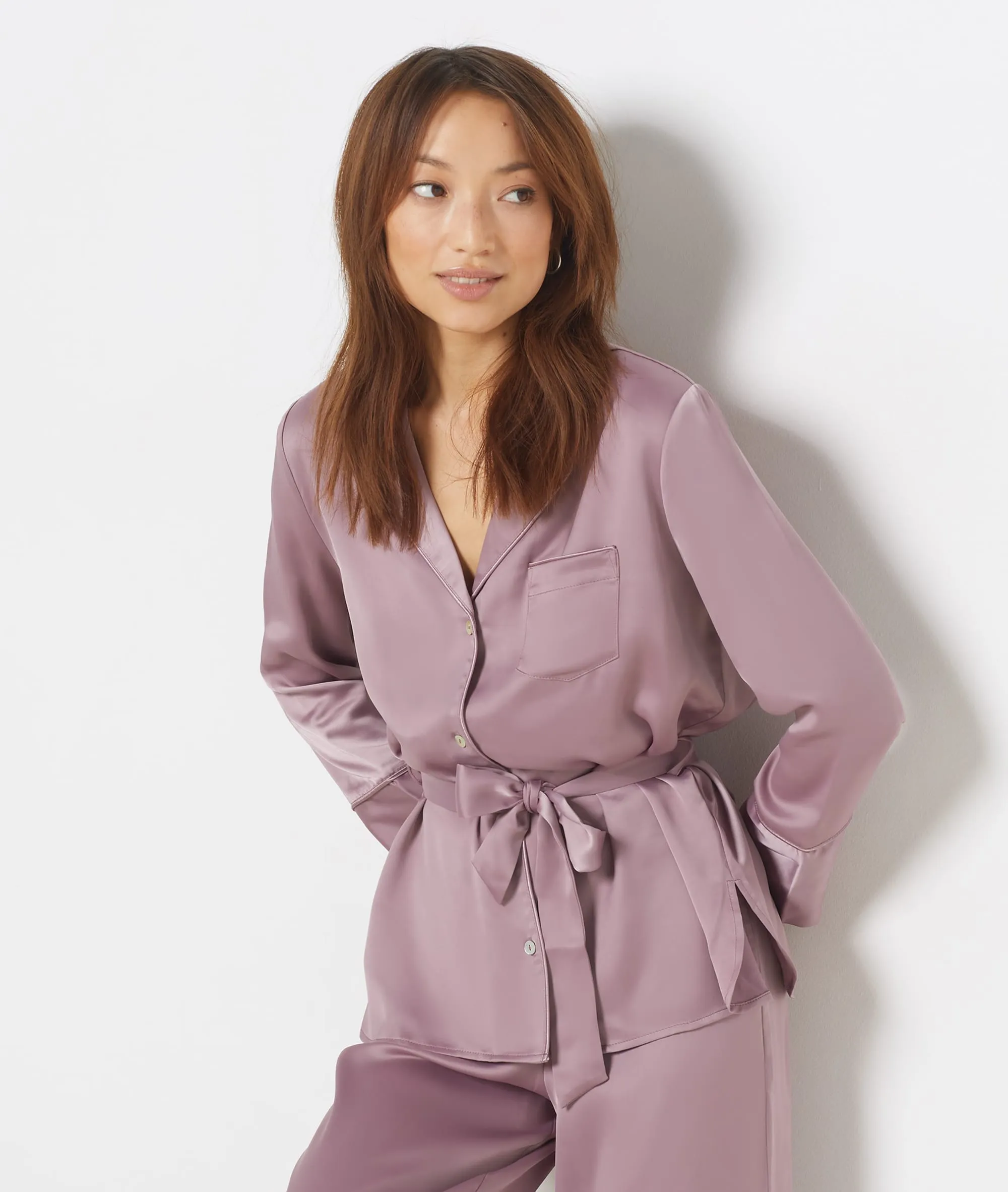 Camisa pijama de satén con lazada ELY MAUVE - ETAM