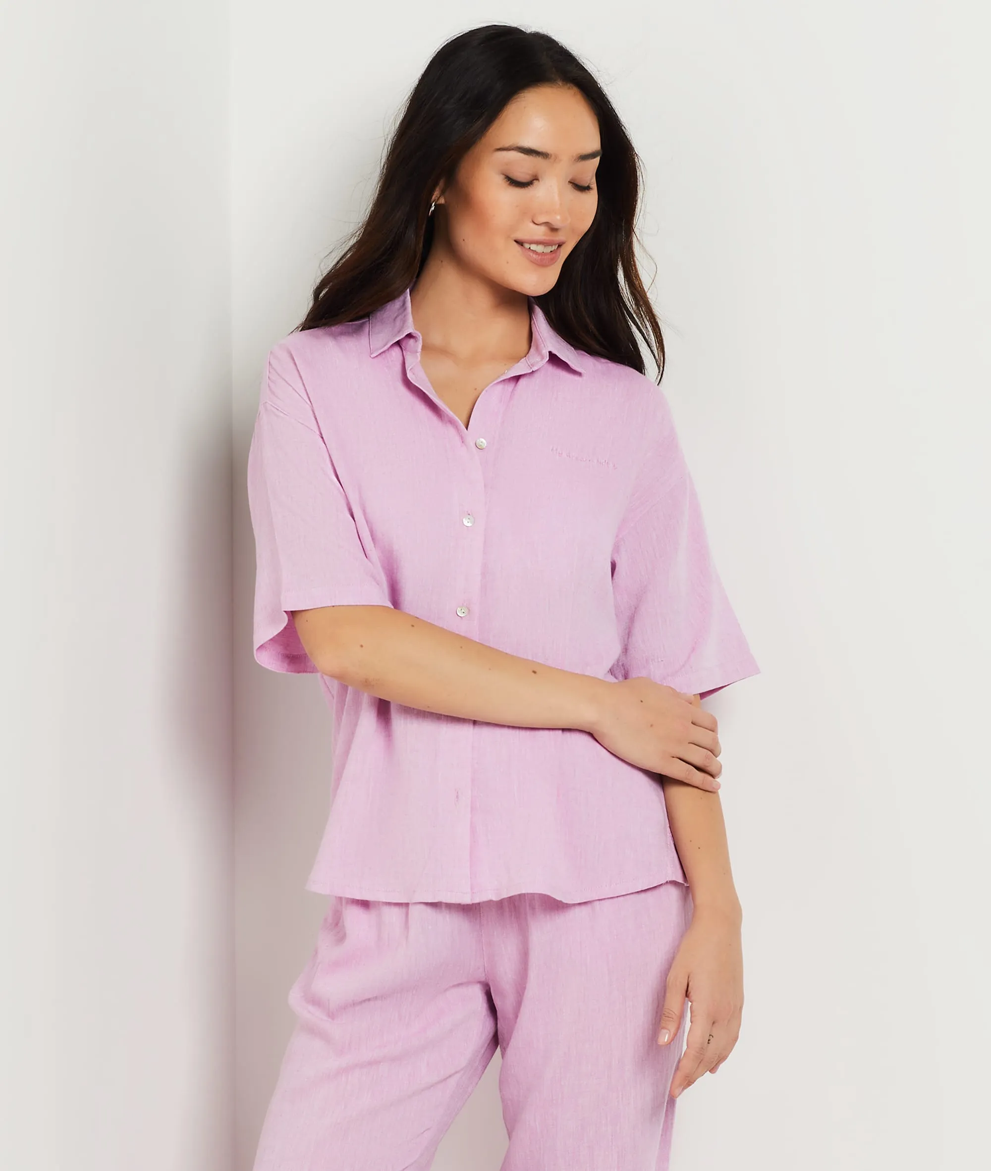 Camisa pijama manga corta de lino BODES ROSE - ETAM