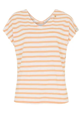 Camiseta de lino con mangas de murciélago y escote en V Naranja suave-blanco de rayas