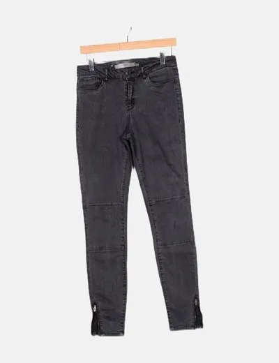 Vero Moda Pantalón gris denim bajo cremalleras