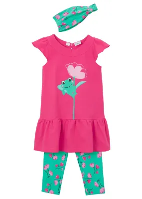 Vestido de niñas, leggings 3/ 4 y pañuelo para la cabeza (conjunto de 3 piezas) Rosa oscuro-verde caribeño